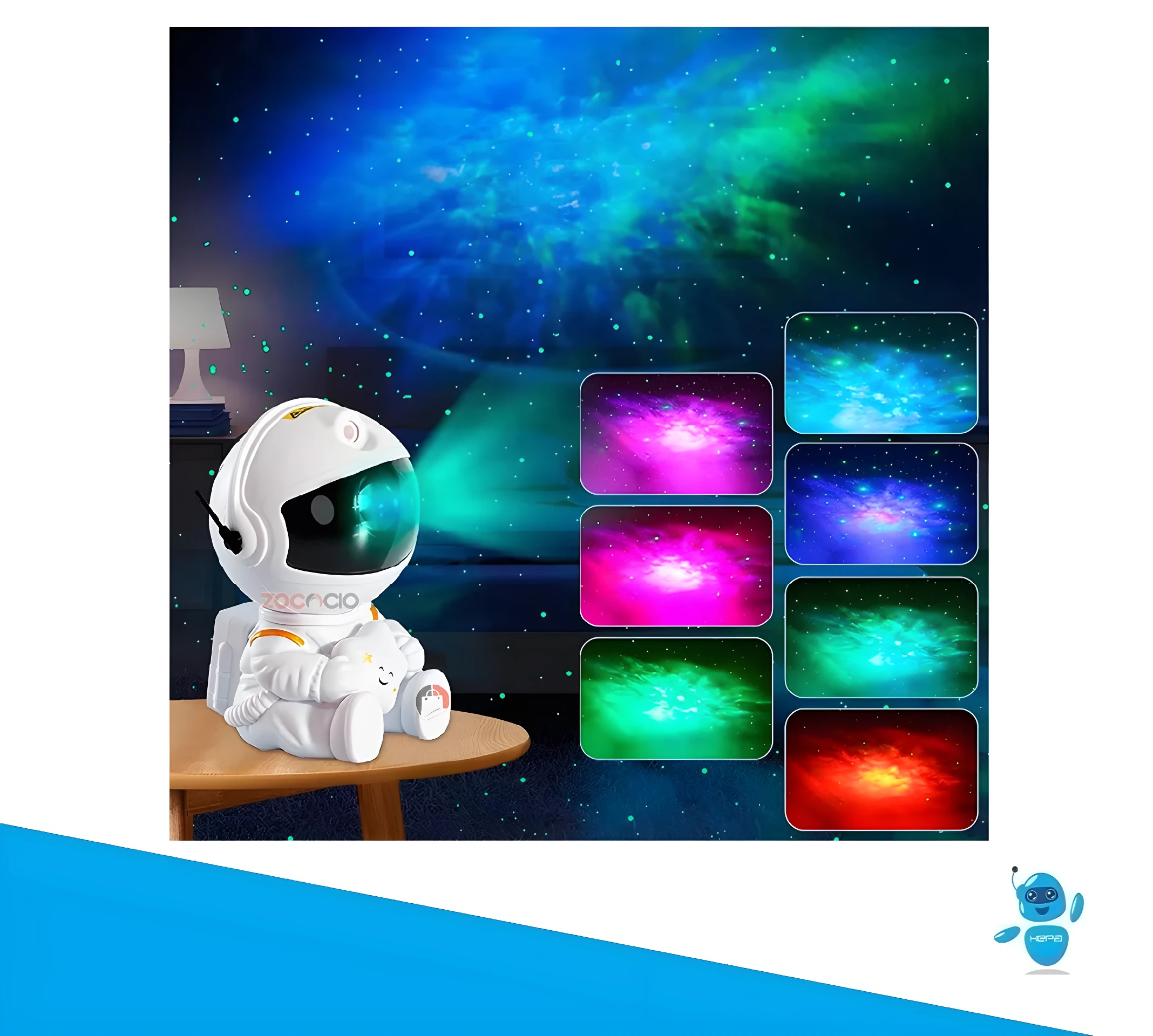Proyector luz nocturna astronauta sentado, proyecta nebulosa colorida; muestra 7 variantes de color de galaxia.