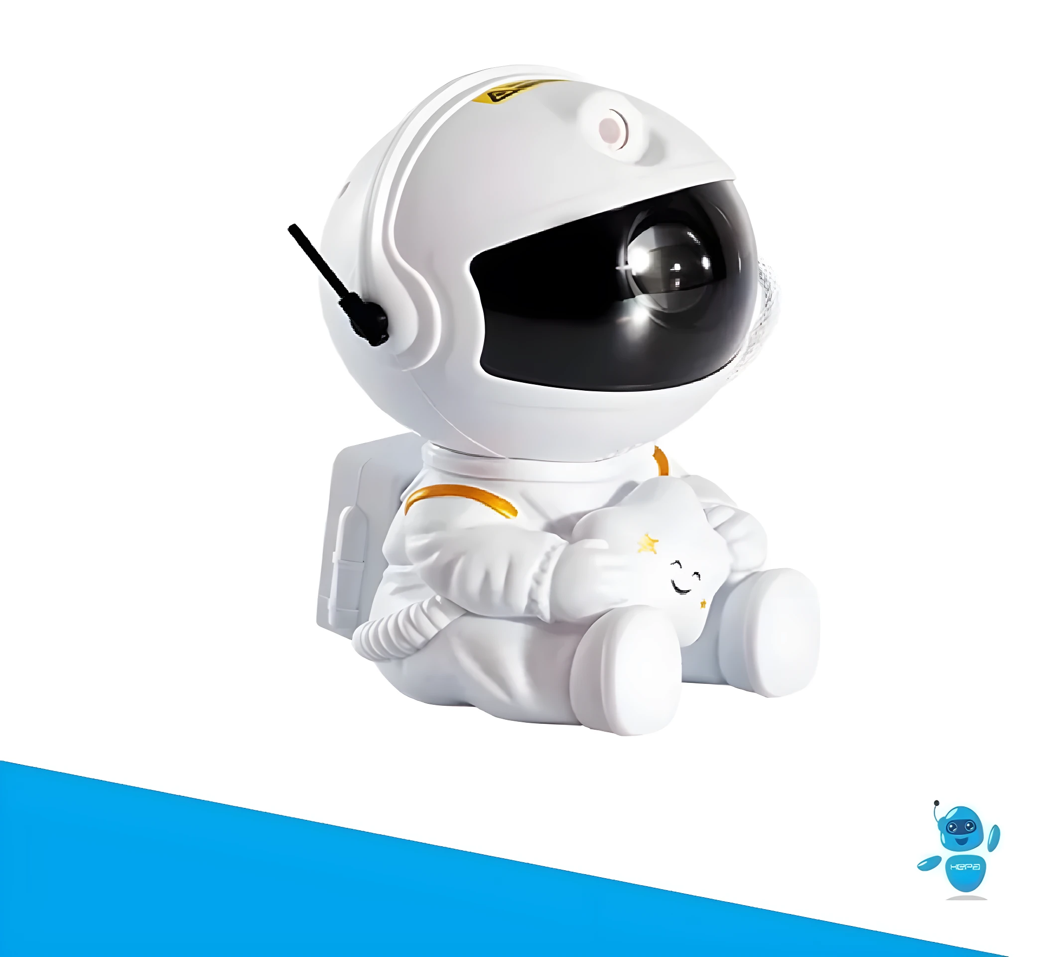 Proyector LED blanco figura astronauta sentado abrazando una nube sonriente, visor oscuro, detalles dorados, luz galaxia.