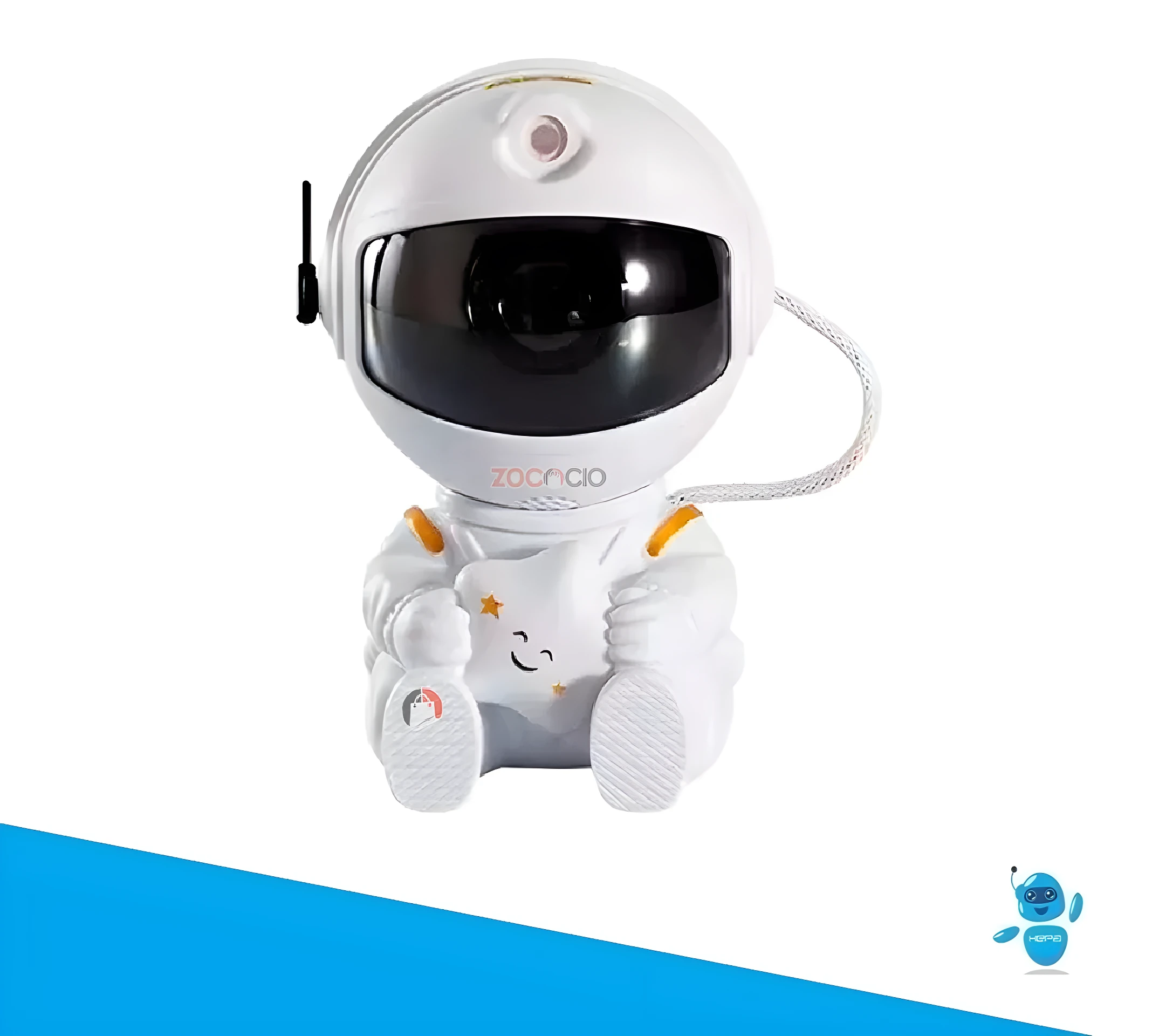 Lámpara proyector LED forma astronauta blanco sentado, casco visera oscura, sostiene estrella sonriente.