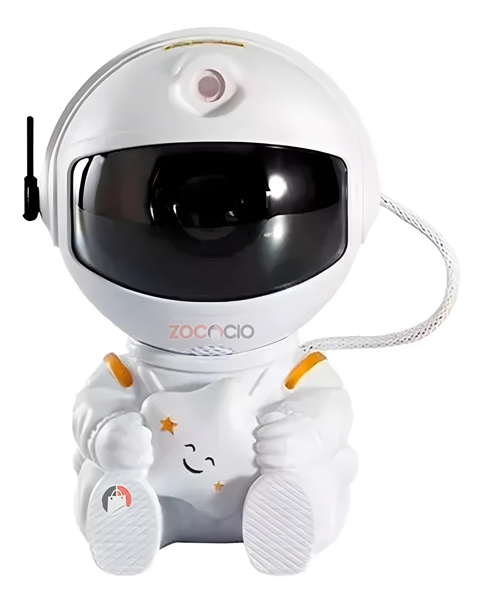 Proyector luz nocturna LED blanco en forma de astronauta sentado abrazando una estrella sonriente, con visor oscuro y texto ZOCACIO.