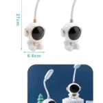 Dos lámparas LED flexibles astronauta, blanca con detalles oro y plata. Altura 27 cm, base 6.6 cm. Uso nocturno.