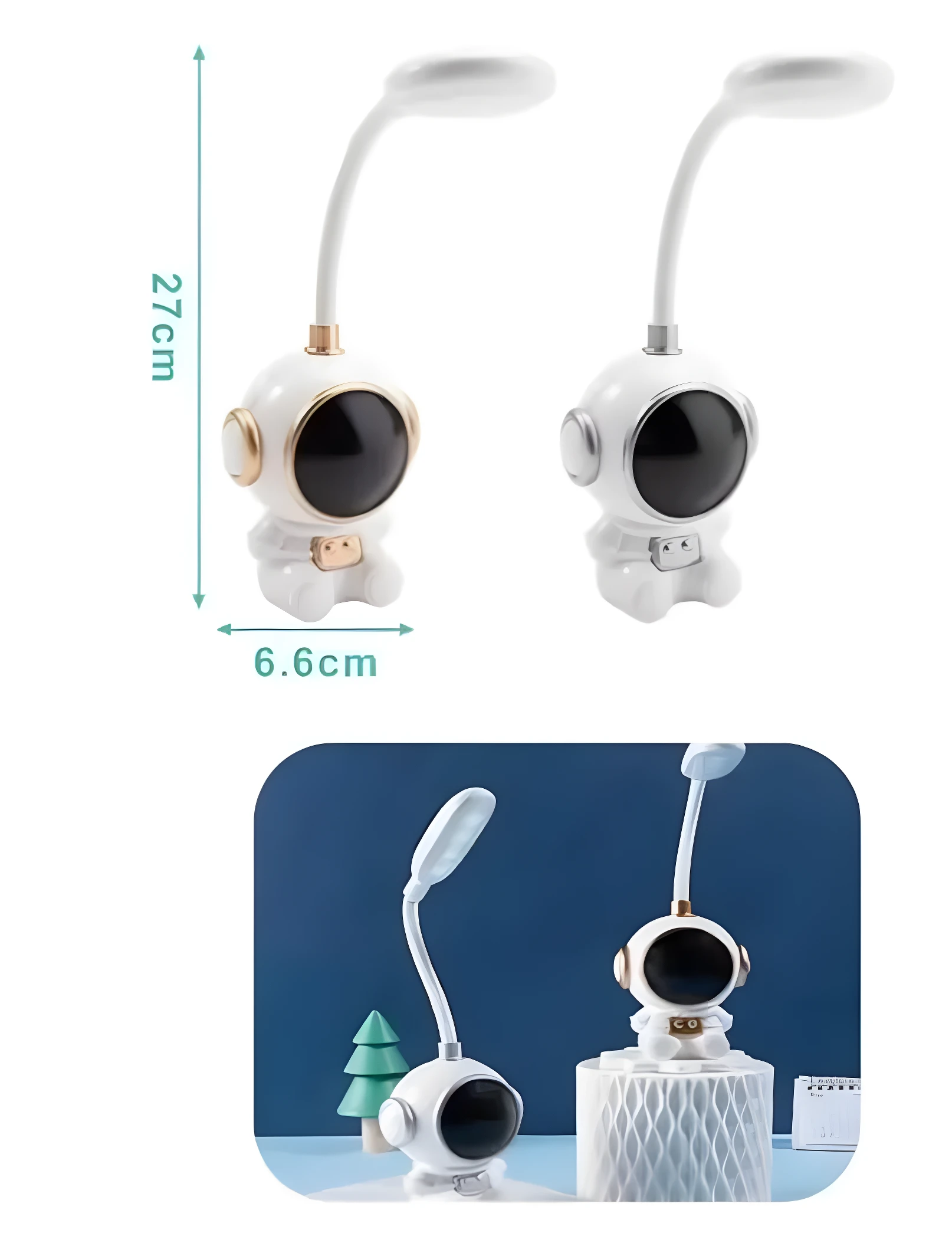 Dos lámparas LED flexibles astronauta, blanca con detalles oro y plata. Altura 27 cm, base 6.6 cm. Uso nocturno.