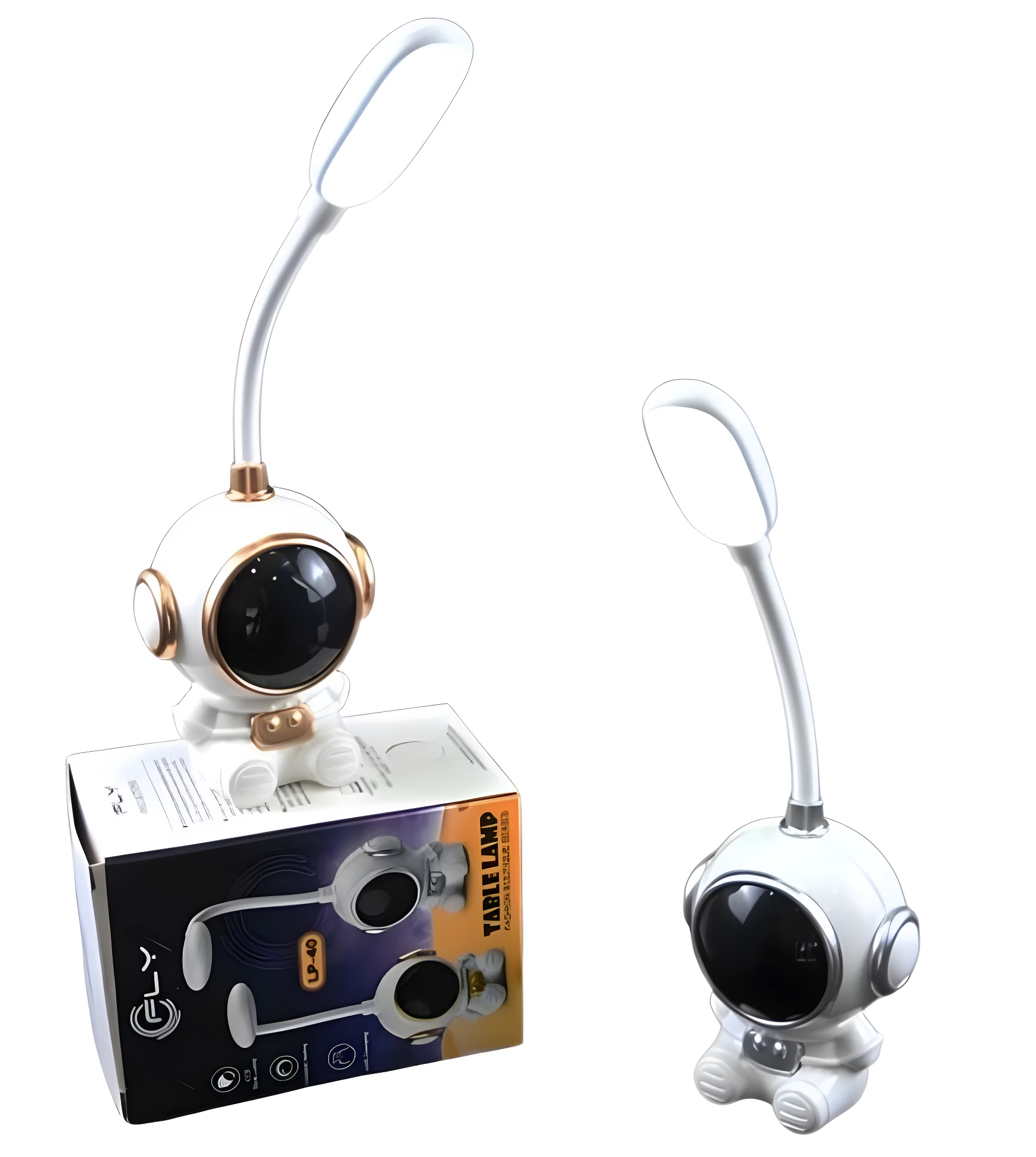 Lámpara LED de escritorio recargable forma astronauta blanco con detalles dorados, flexible, junto a su caja.