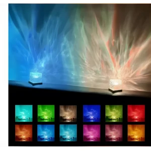 Lámpara Aurora Boreal proyecta luz ambiental multicolor con efecto olas, incluye 16 colores.