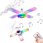 Lámpara LED RGB con altavoz Bluetooth E27, 4 aspas plegables, control remoto, diseño musical.
