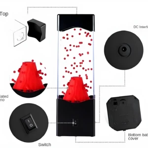 Lámpara de lava con forma de volcán y luces LED rojas, con interruptor y tapa de batería.