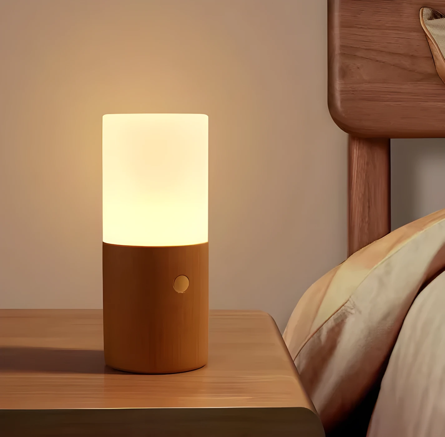 Lámpara de mesa cilíndrica con base de madera clara y difusor blanco emitiendo luz cálida, junto a una cama.