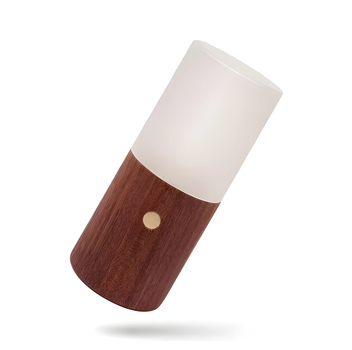 Lámpara de mesa pequeña cilíndrica con base en madera oscura veteada y difusor superior blanco esmerilado, botón dorado lateral.