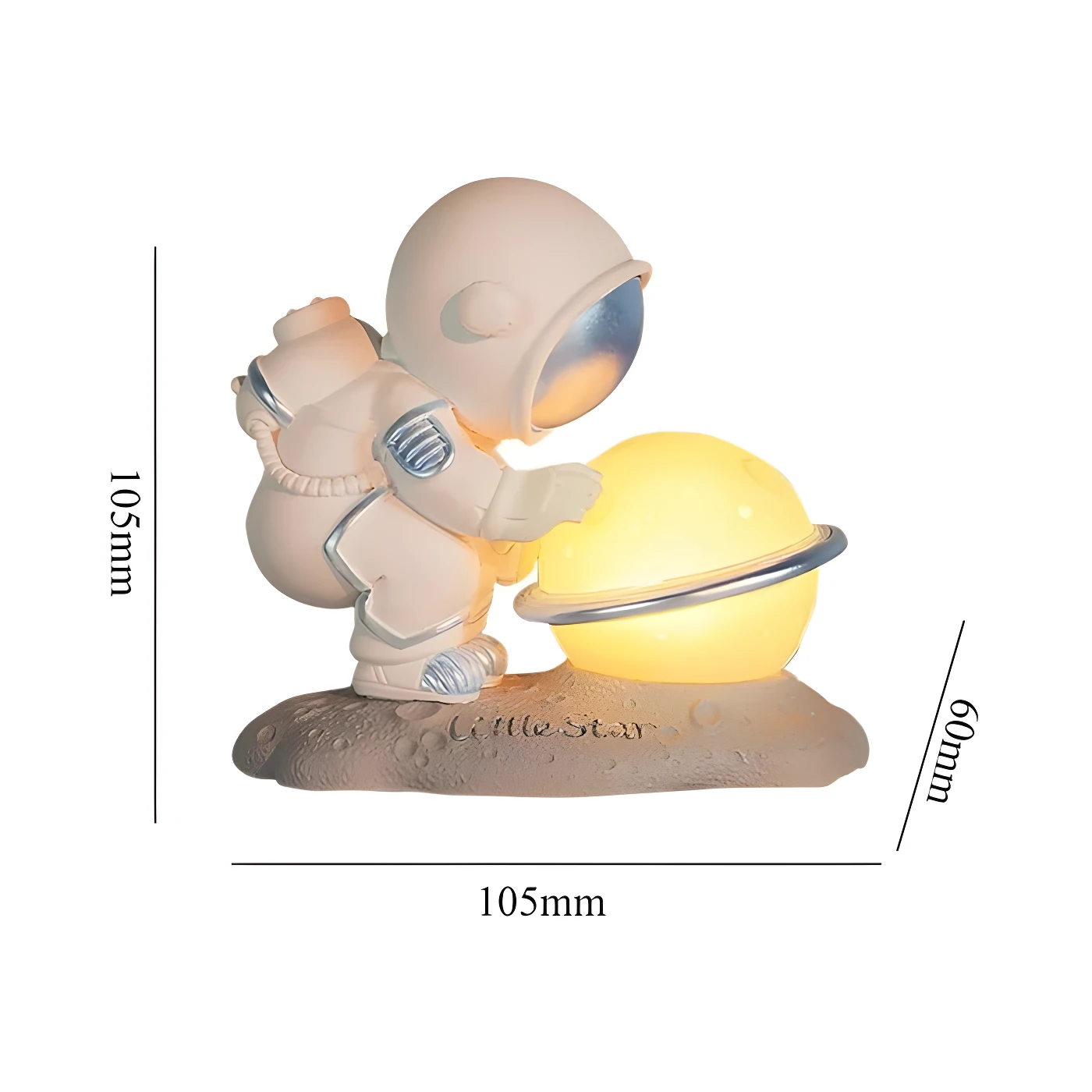 Lampara de noche figura de astronauta blanco sosteniendo un planeta amarillo luminoso, base lunar. Mide 105mm x 60mm.