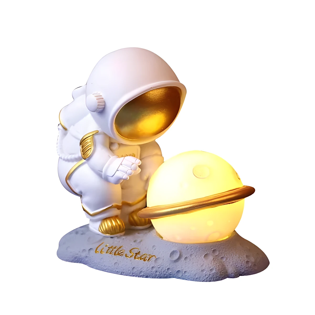 Lámpara noche astronauta blanco y dorado, inclinado junto a esfera luminosa tipo planeta con anillo. Base lunar con texto "Little Star".