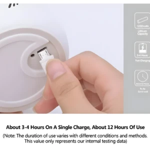 Lámpara de mesa de silicona blanca siendo cargada por cable USB, 1200mAh, carga rápida.