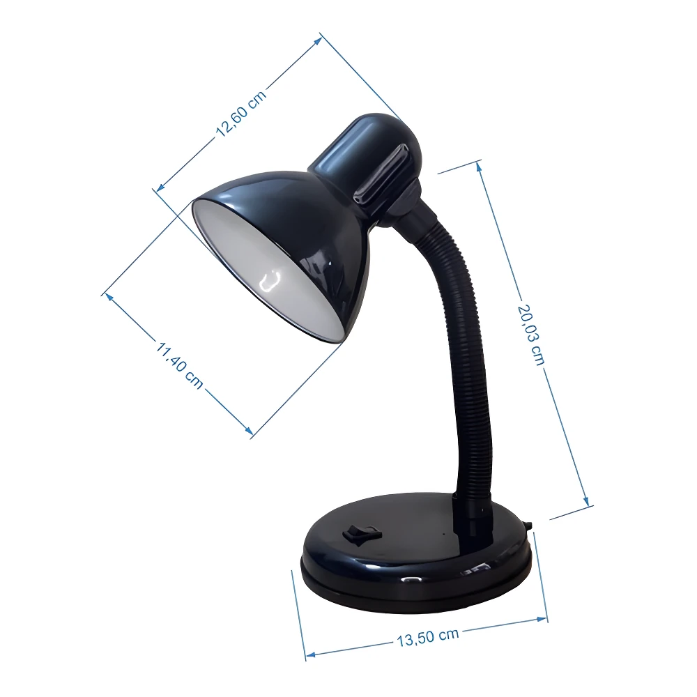 Lámpara de mesa flexible, color negro, con bombilla visible y dimensiones 20,03 cm de alto y 13,50 cm de base.