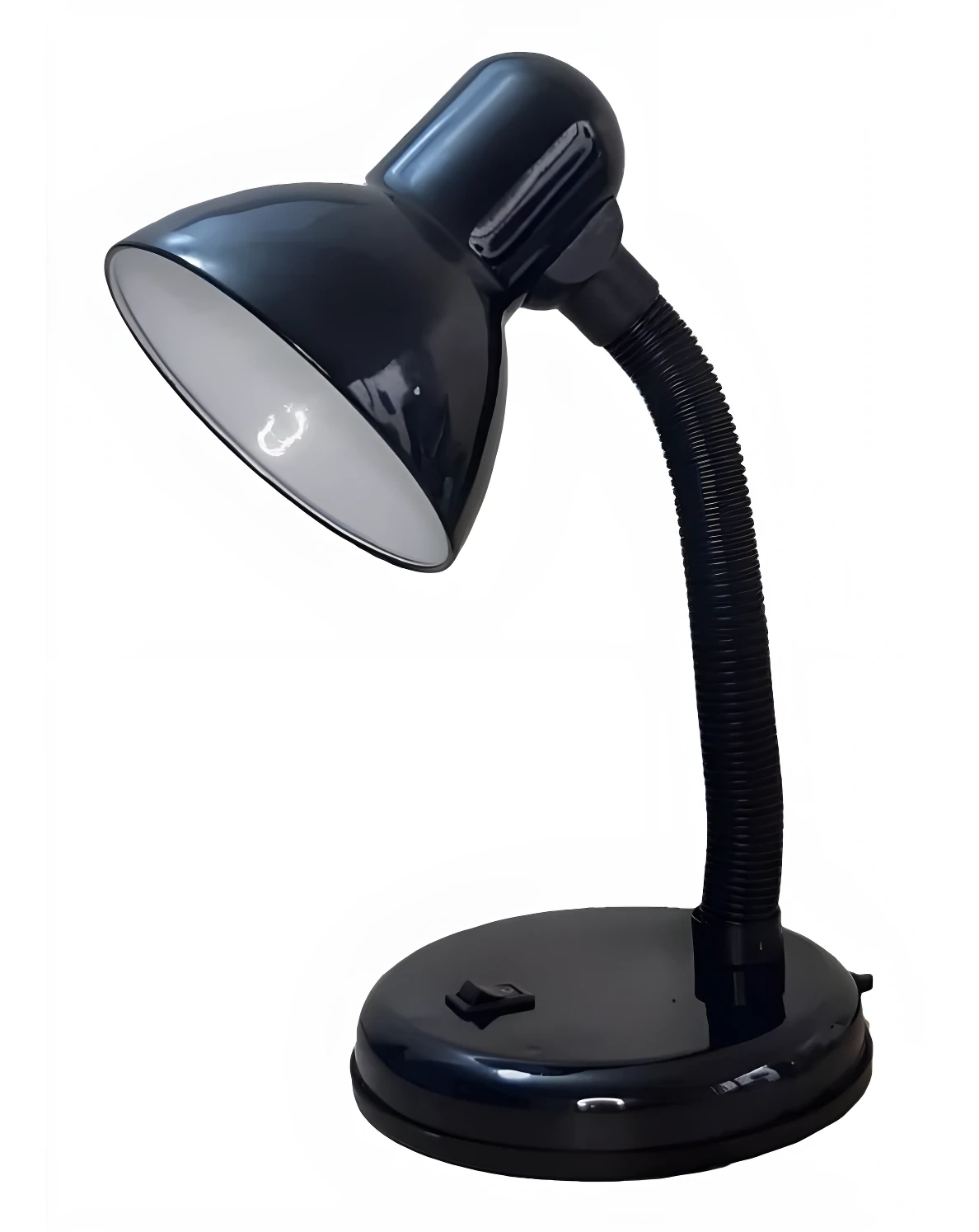Lámpara de mesa negra con base redonda, cuello flexible y pantalla reflectora blanca encendida.