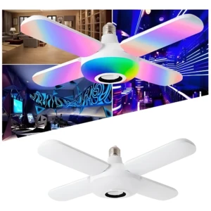 Lámpara LED plegable de cuatro pétalos con altavoz central, base roscada E27, diseño multicolor tipo RGB y versión en color blanco sólido.