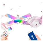 Lámpara LED con cuatro pétalos multicolor, altavoz central integrado, control remoto inalámbrico y conexión Bluetooth para música desde el celular.