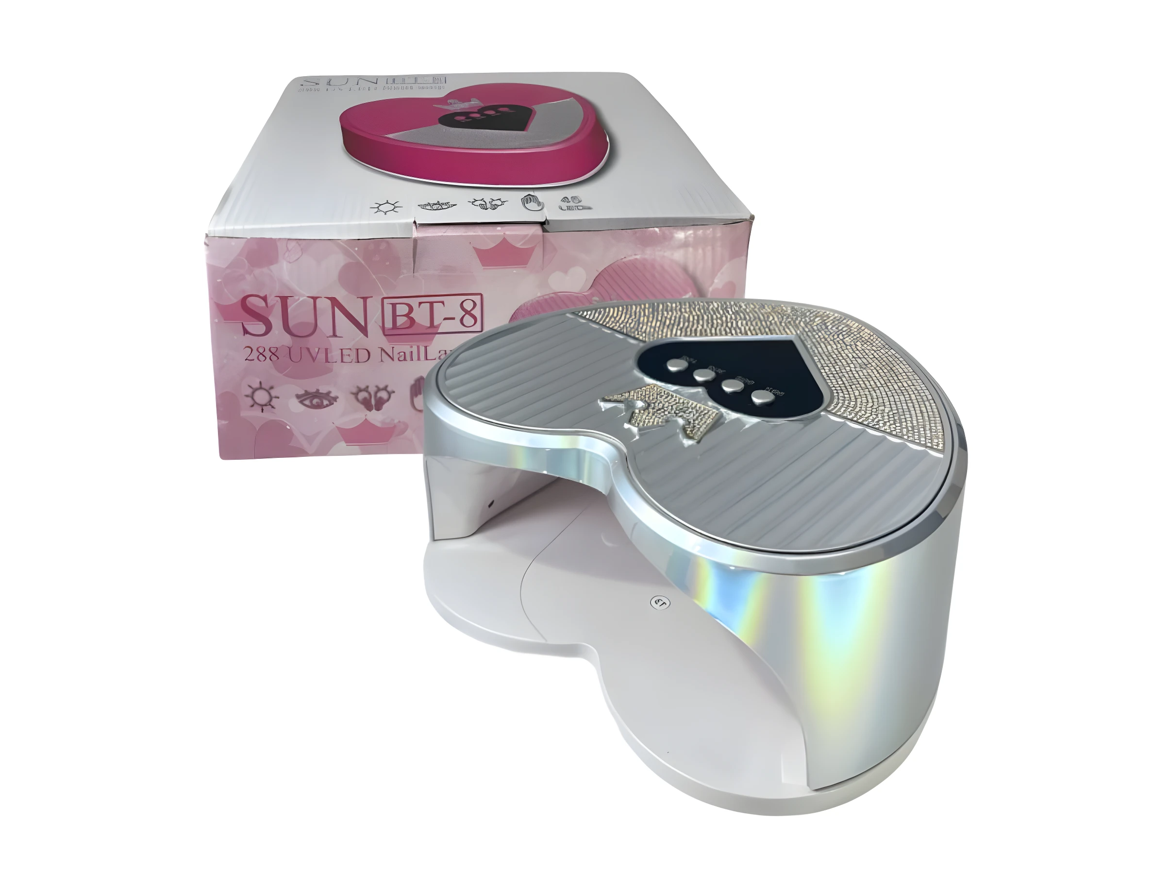 Lámpara de uñas UV LED morada 288W, diseño de corazón, seca esmaltes rápido, con caja.