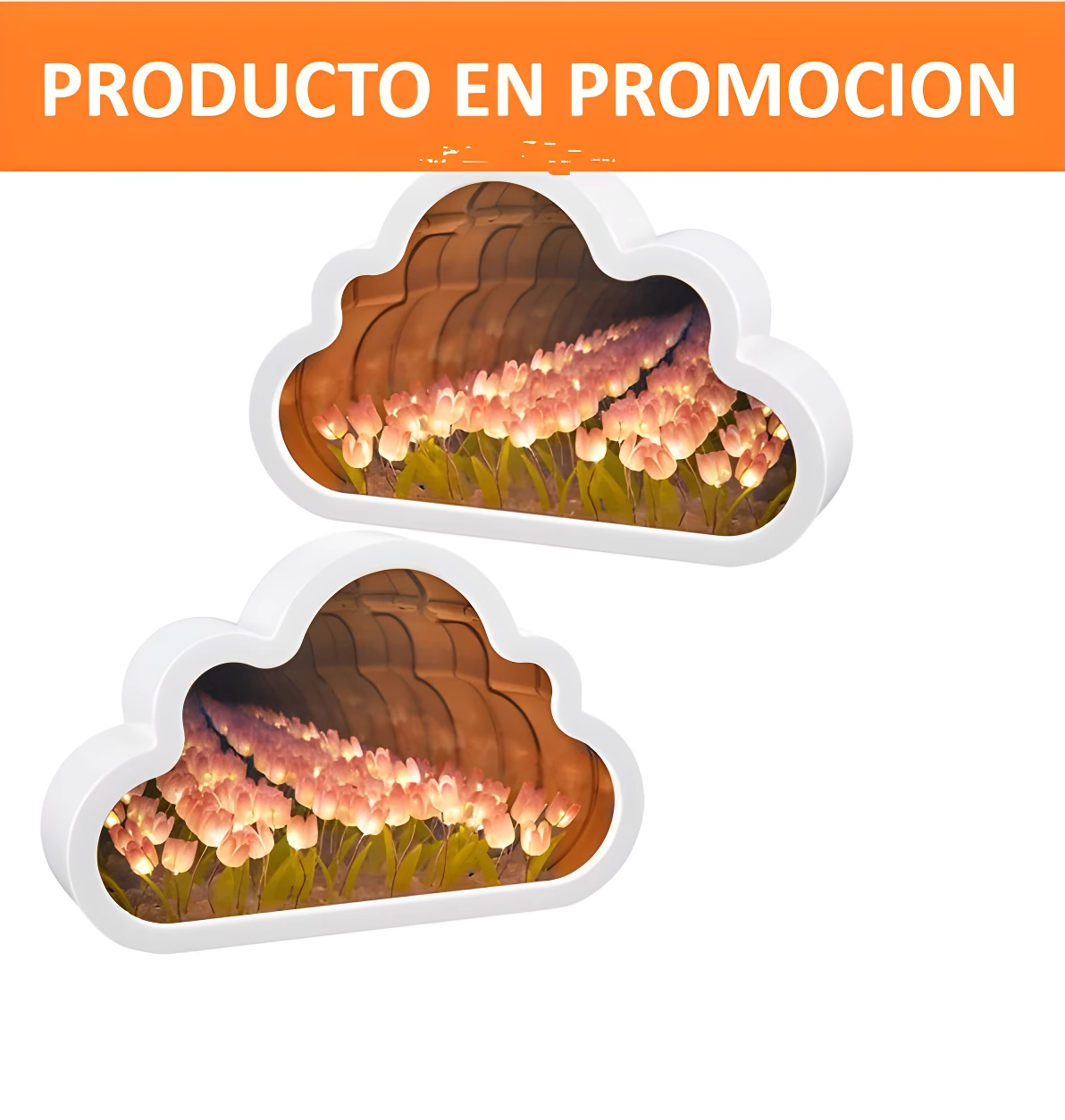 Dos lámparas decorativas con marco blanco en forma de nube que crean un efecto de profundidad infinito con tulipanes iluminados en tonos rosados.