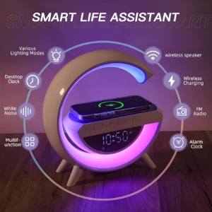 Lámpara LED moderna arcoíris para mesa de noche, con reloj digital, carga inalámbrica, altavoz y varios modos de luz.