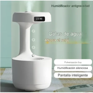 Humidificador antigravedad blanco con pantalla de reloj 23:46, gotas de agua y rociador fino.
