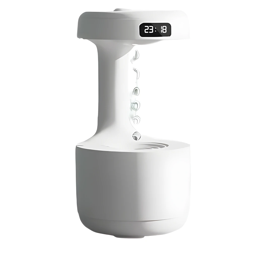 Lámpara humidificador antigravedad blanca con reloj digital mostrando 23:18.