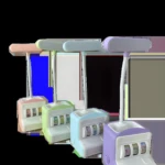 Cuatro lámparas de escritorio LED infantiles con base porta-objetos tipo slot machine en colores rosa, verde, azul y morado.