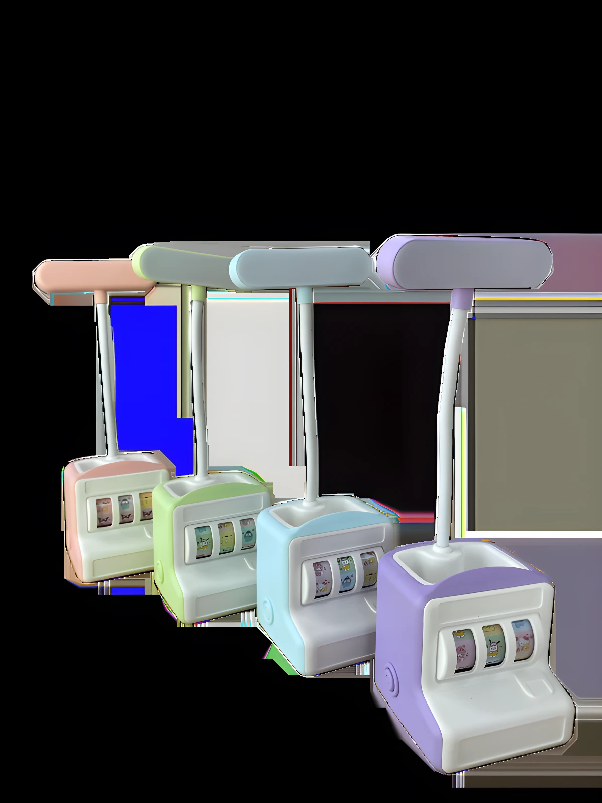 Cuatro lámparas de escritorio LED infantiles con base porta-objetos tipo slot machine en colores rosa, verde, azul y morado.