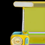 Base soporte amarillo y azul para lámpara infantil, estilo televisor antiguo con pato animado guiñando y espacio para útiles.