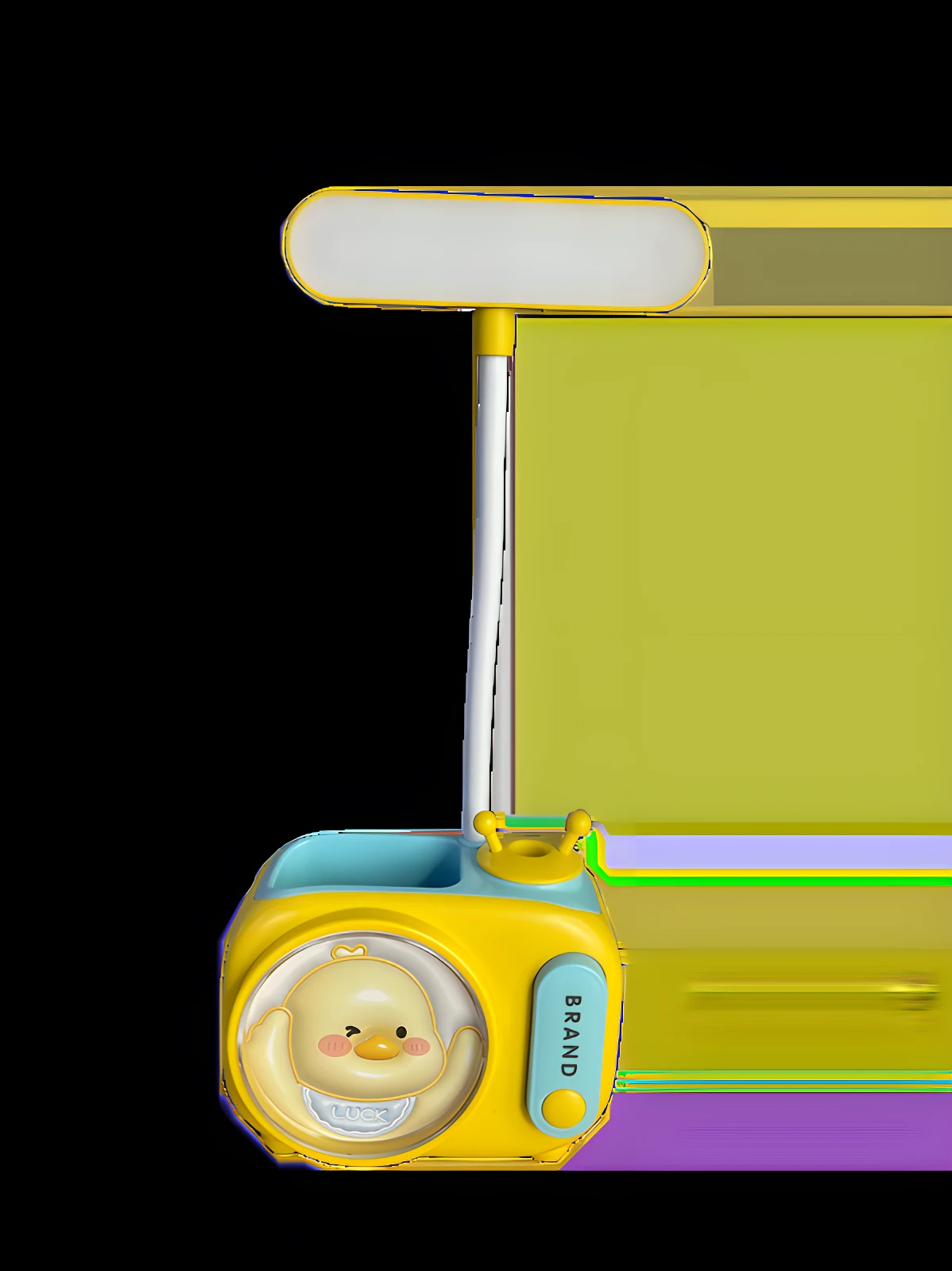 Base soporte amarillo y azul para lámpara infantil, estilo televisor antiguo con pato animado guiñando y espacio para útiles.