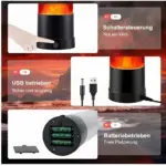 Lámpara de lava volcán, base negra, efecto fuego, conexión USB o a pilas.