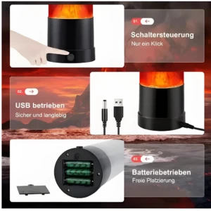 Lámpara de lava volcán, base negra, efecto fuego, conexión USB o a pilas.