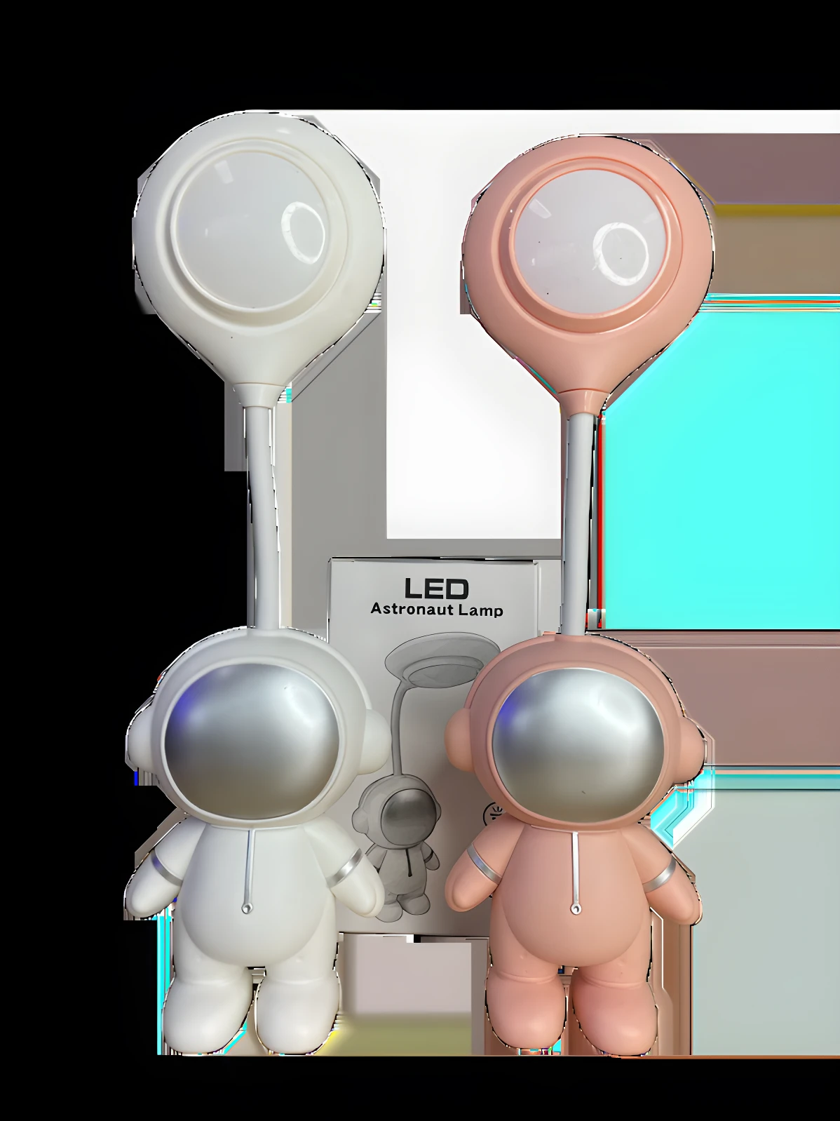 Dos lámparas LED de escritorio con figura de astronauta, una blanca y otra rosa, con brazo flexible y luz superior circular, junto a su caja.