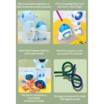 Sacapuntas eléctrico de astronauta azul y blanco con luz LED, manguera flexible y puerto de carga USB posterior.