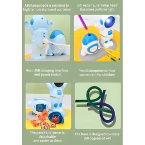 Sacapuntas eléctrico de astronauta azul y blanco con luz LED, manguera flexible y puerto de carga USB posterior.