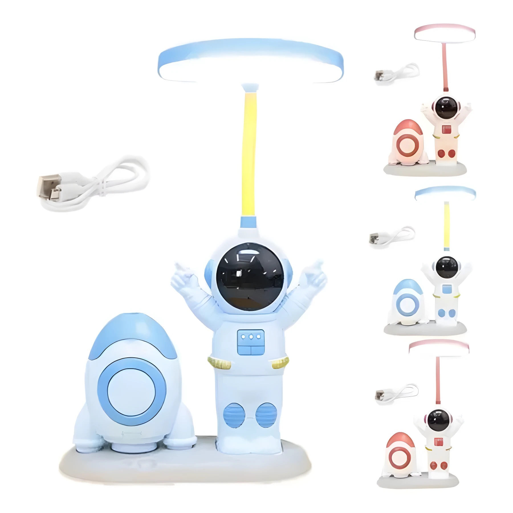 Lámpara escritorio LED astronauta azul y cohete, recargable USB, con luz superior y variantes rosa y blanca.