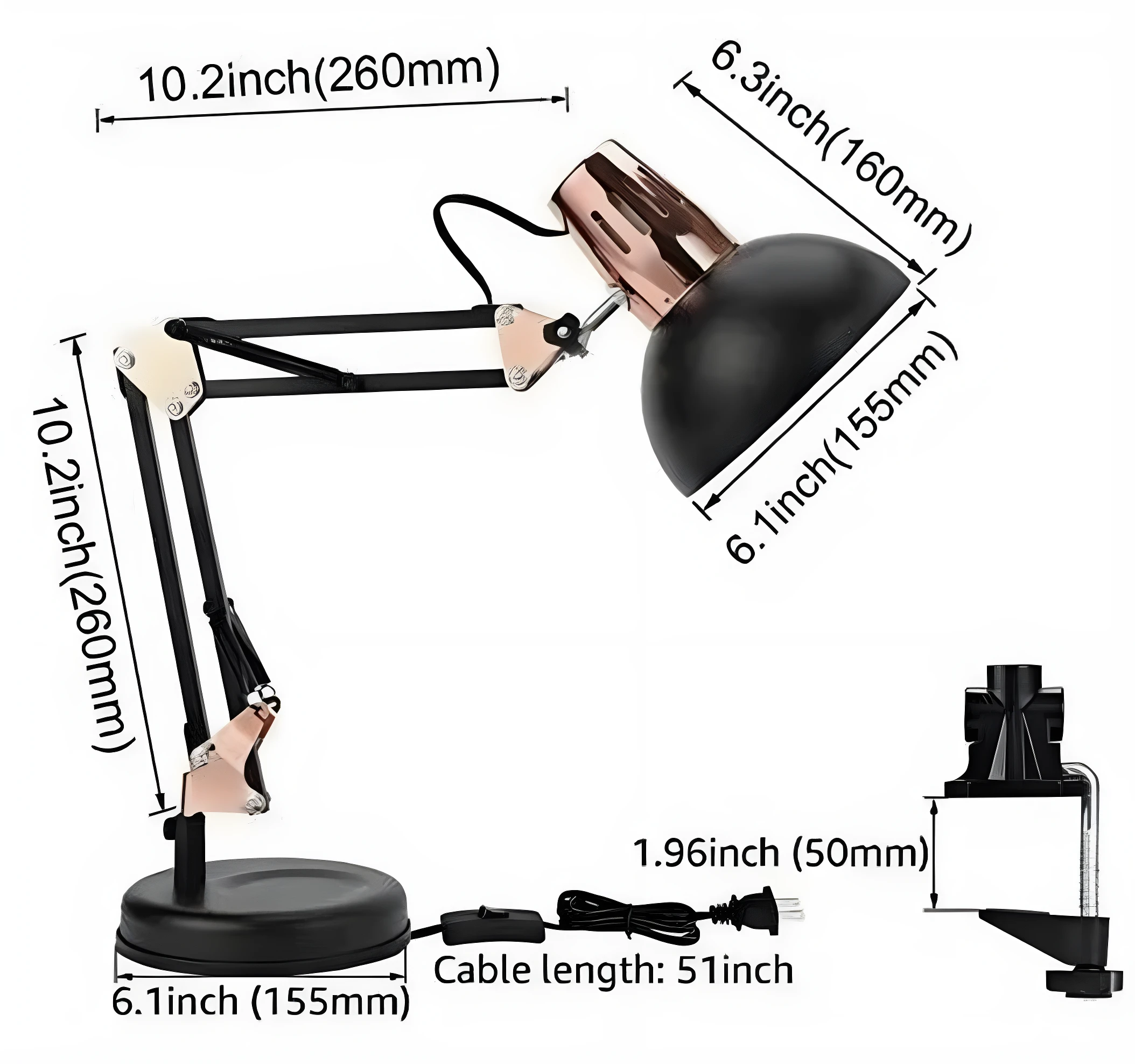 Lámpara Pixar articulada negra con detalles en cobre, incluye base circular de 155mm, prensa de sujeción, cable de 51 pulgadas y medidas detalladas.