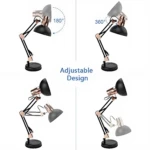 Lámpara Pixar articulada 2 en 1 negra con detalles cobrizos. Muestra esquemas de movimiento en ángulos de 180 y 360 grados para una iluminación versátil.