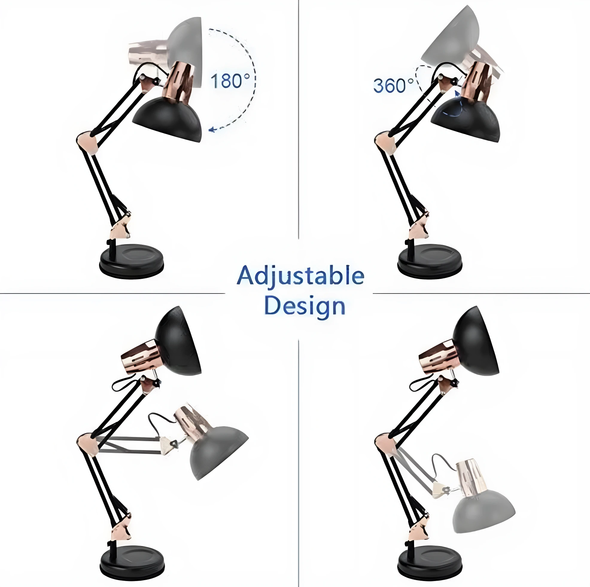 Lámpara Pixar articulada 2 en 1 negra con detalles cobrizos. Muestra esquemas de movimiento en ángulos de 180 y 360 grados para una iluminación versátil.