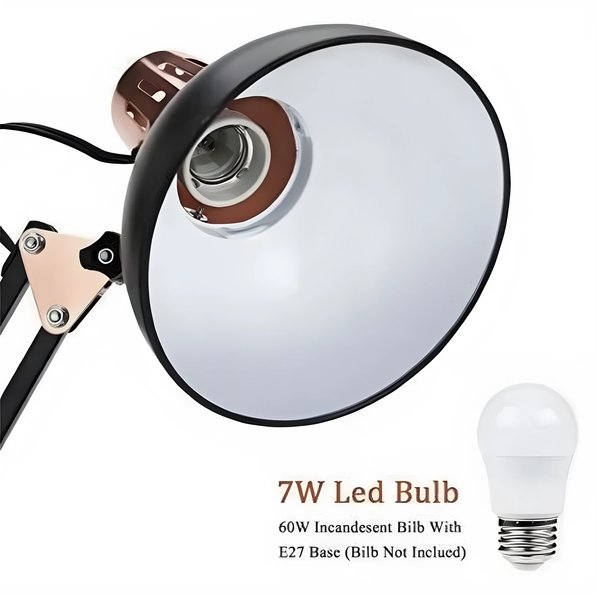 Lámpara Pixar articulada negra con detalles en cobre, base ajustable, pantalla amplia y foco LED de 7W sugerido en fondo blanco.