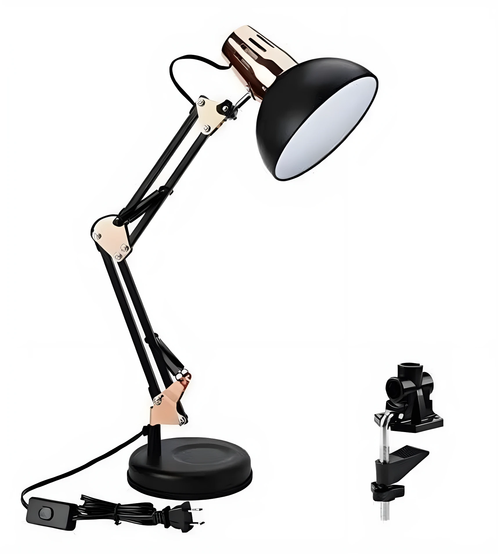 Lámpara articulada estilo Pixar negra con brazo metálico, base redonda y prensa de sujeción adicional para escritorio, incluye cable con interruptor.