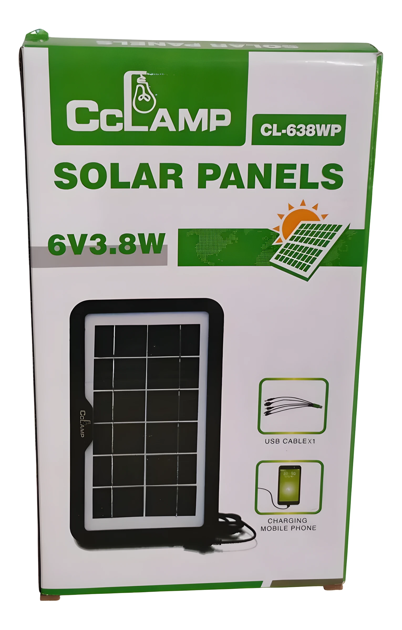 Panel solar portátil CC LAMP 6V 3.8W para cargar dispositivos móviles en exteriores, incluye cable USB.