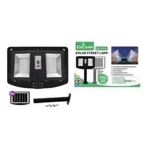 Lámpara solar negra CL 115 para exteriores con panel de 8W, incluye poste y accesorios.