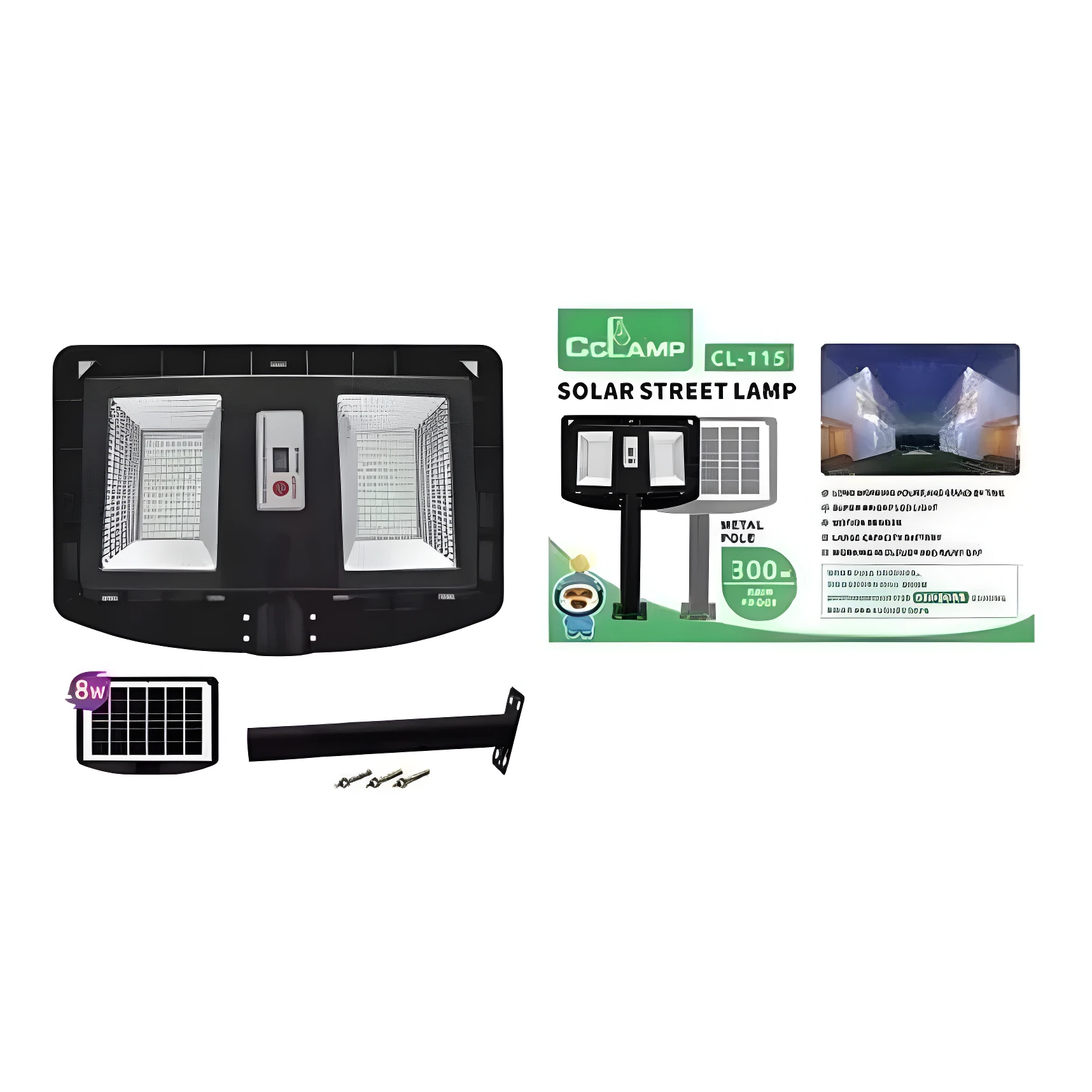Lámpara solar negra CL 115 para exteriores con panel de 8W, incluye poste y accesorios.