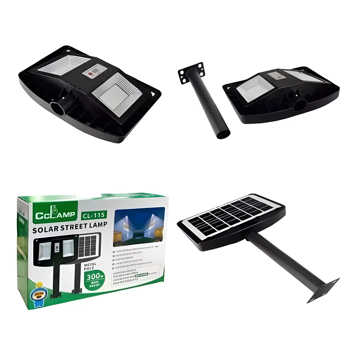 Lámpara solar exterior CL 115 negra con panel solar y sensor de movimiento, incluye poste.