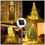 Árbol de luces navideñas solares, 3 metros, cascada dorada, para exterior, 8 modos.