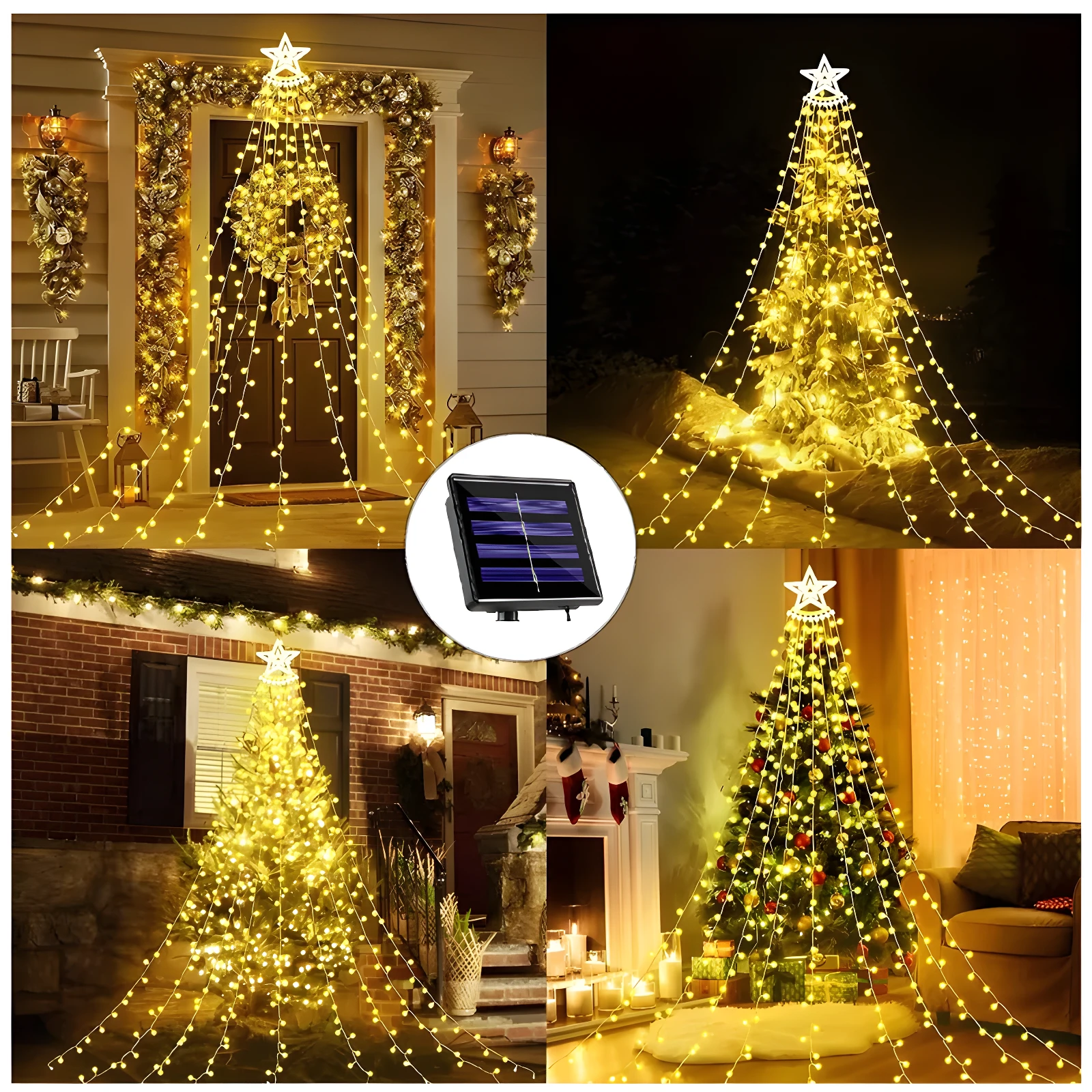 Árbol de luces navideñas solares, 3 metros, cascada dorada, para exterior, 8 modos.