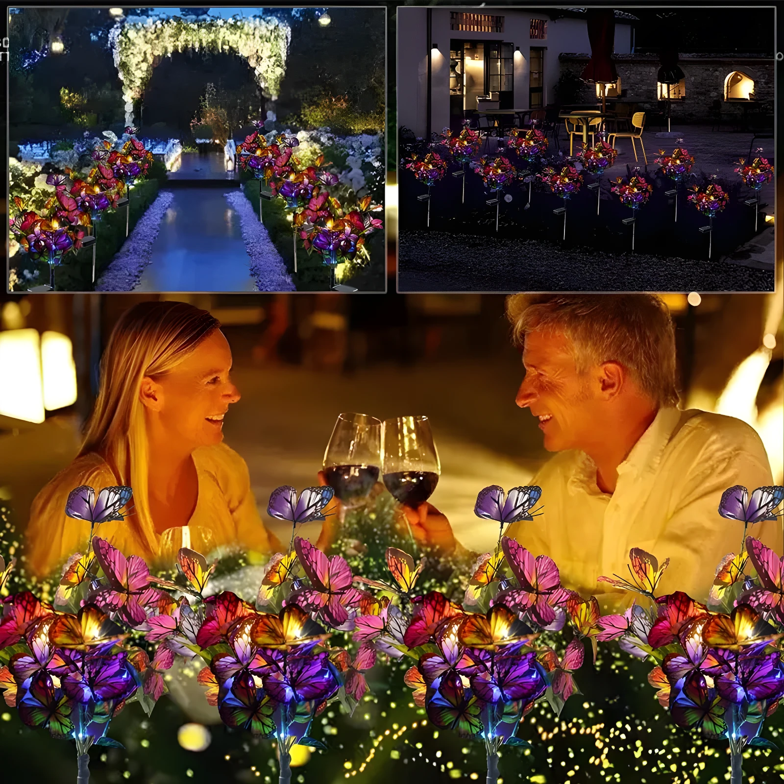 Lámparas solares decorativas con mariposas LED multicolores iluminan jardín y patio exterior por la noche.