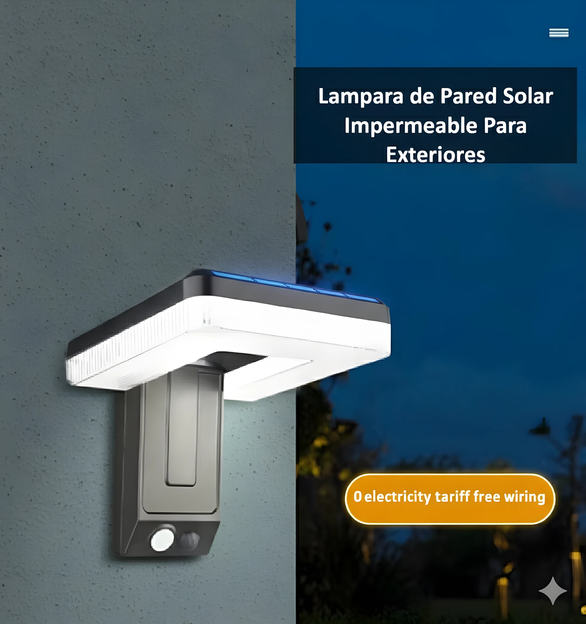 Lámpara solar LED exterior gris, impermeable, con sensor de movimiento y luz blanca brillante.