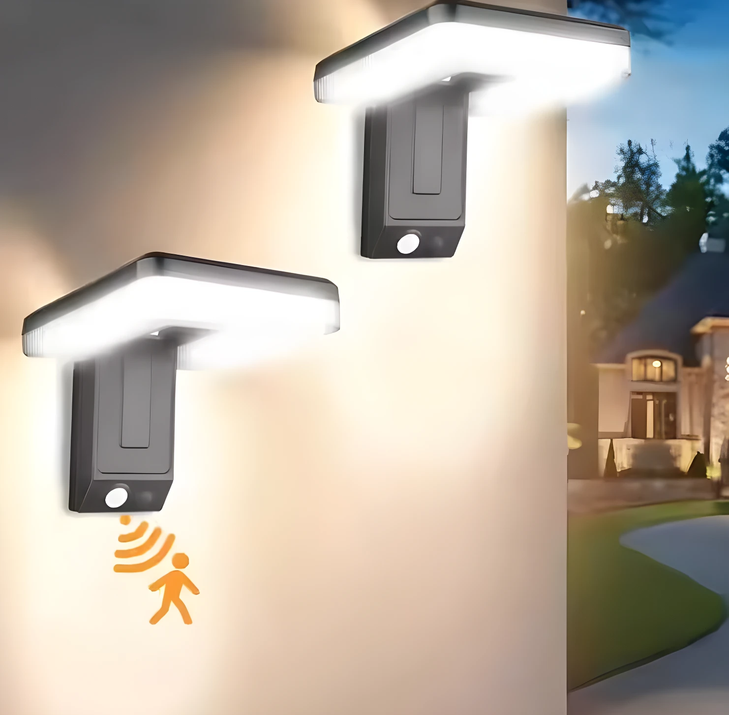 Lámparas solares LED exteriores grises con sensor de movimiento, iluminan un camino y casa.