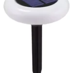 Lámpara solar LED blanca para exteriores con estaca negra, impermeable, ilumina caminos y jardines.