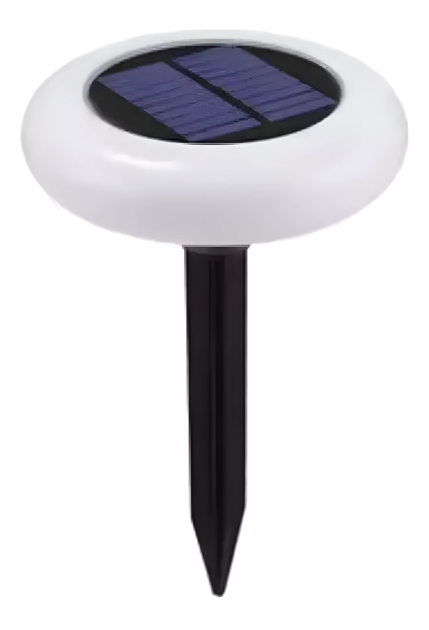 Lámpara solar LED blanca para exteriores con estaca negra, impermeable, ilumina caminos y jardines.